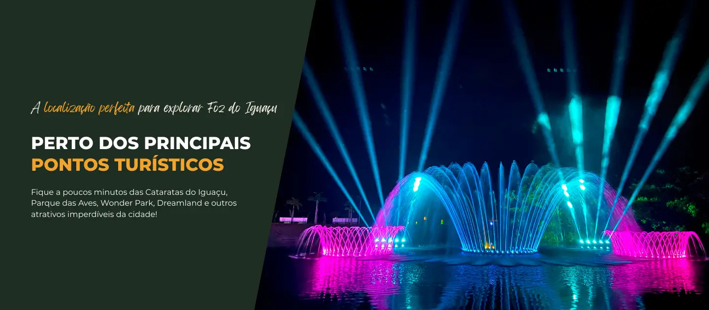 Banner do Hotel Colonial Iguaçu destacando os principais pontos turísticos de Foz do Iguaçu (Cataratas, Parque das Aves, Itaipu e Marco das Três Fronteiras)
