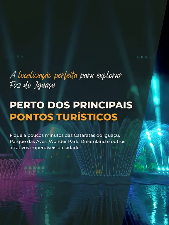 Banner do Hotel Colonial Iguaçu destacando os principais pontos turísticos de Foz do Iguaçu (Cataratas, Parque das Aves, Itaipu e Marco das Três Fronteiras)