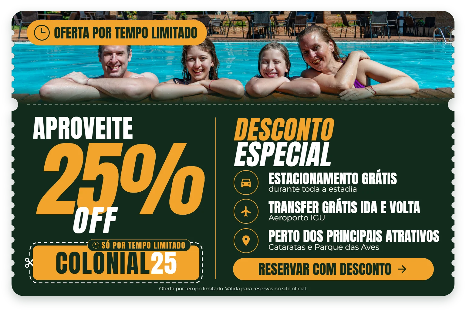 Cupom COLONIAL25 com 25% de desconto no Hotel Colonial Iguaçu em Foz do Iguaçu, com estacionamento grátis e transfer do aeroporto