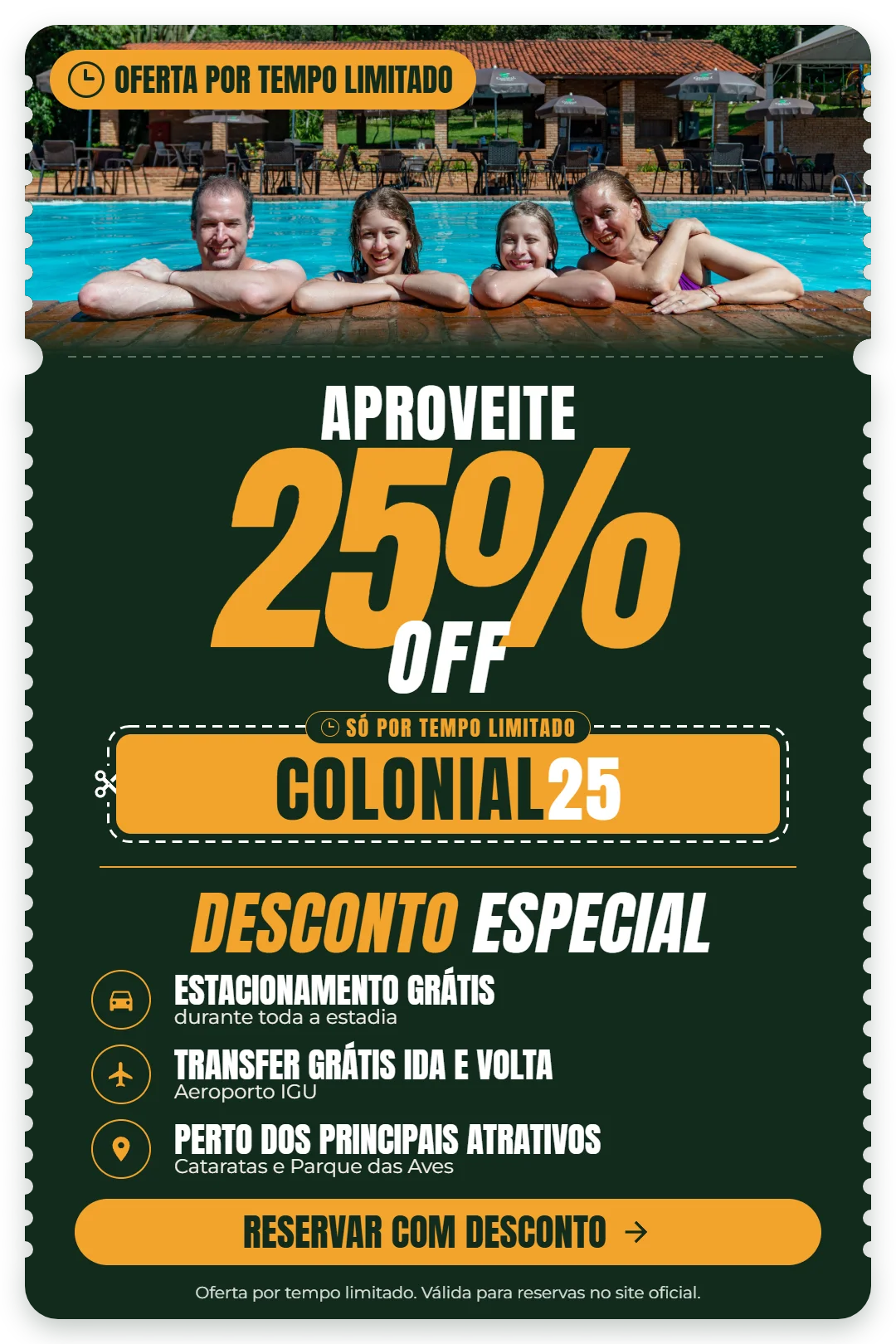 Cupom COLONIAL25 com 25% de desconto no Hotel Colonial Iguaçu em Foz do Iguaçu, família na piscina do hotel